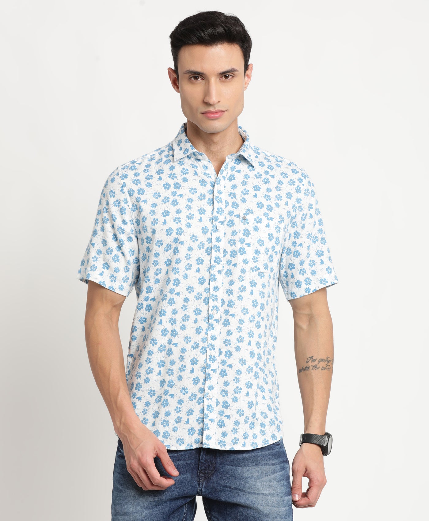 Excel Linen White Printed Slim Fit Half Sleeve Casual Shirt
