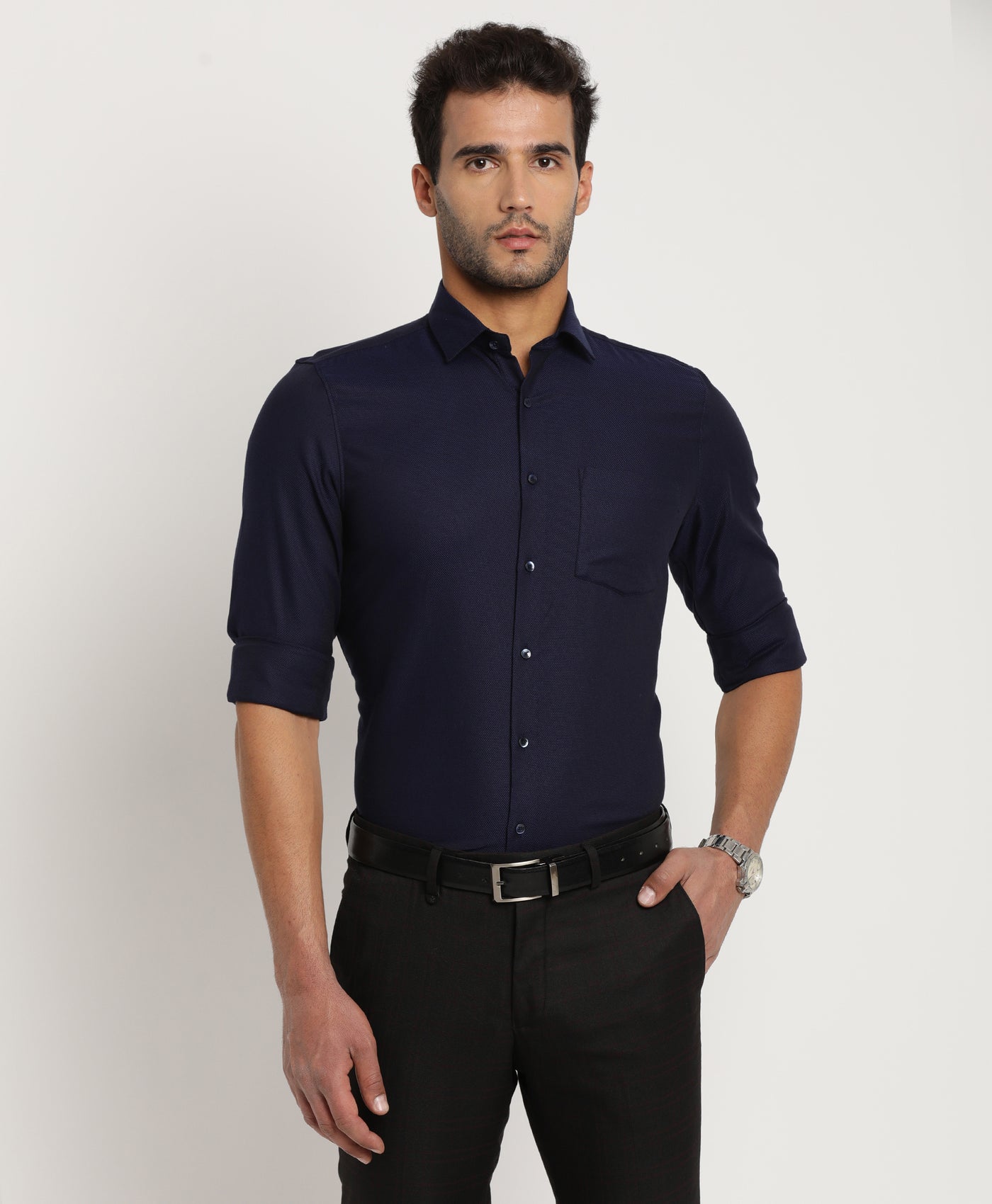 Giza Cotton Navy Blue Dobby Slim Fit Full Sleeve Formal Shirt