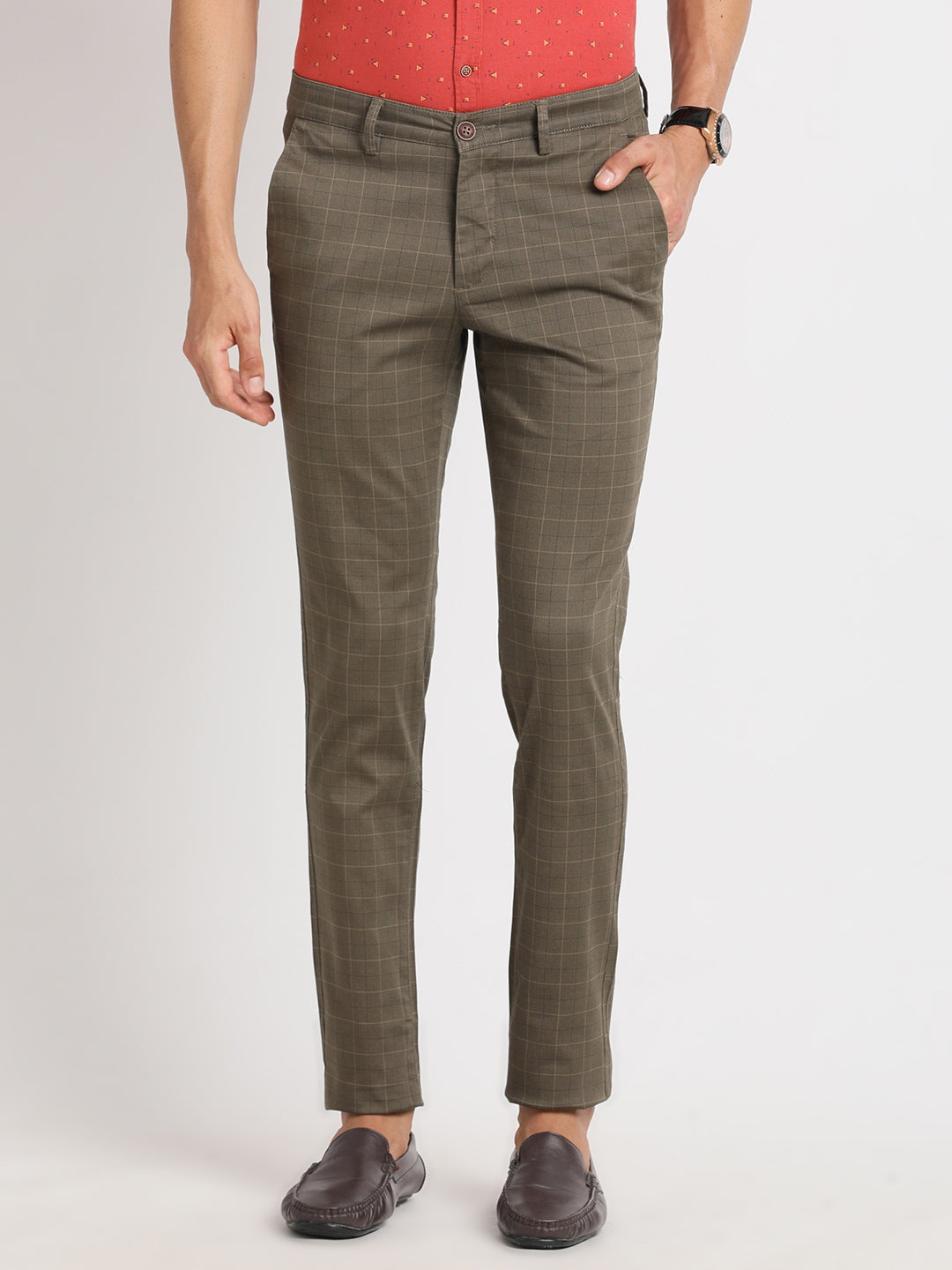 Cotton Stretch Brown Checkered Narrow Fit Flat Front Casual Trouser