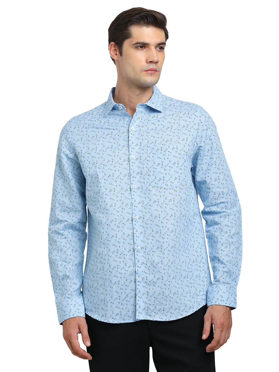 Cotton Linen Blue Printed Slim Fit Full Sleeve Formal Shirt