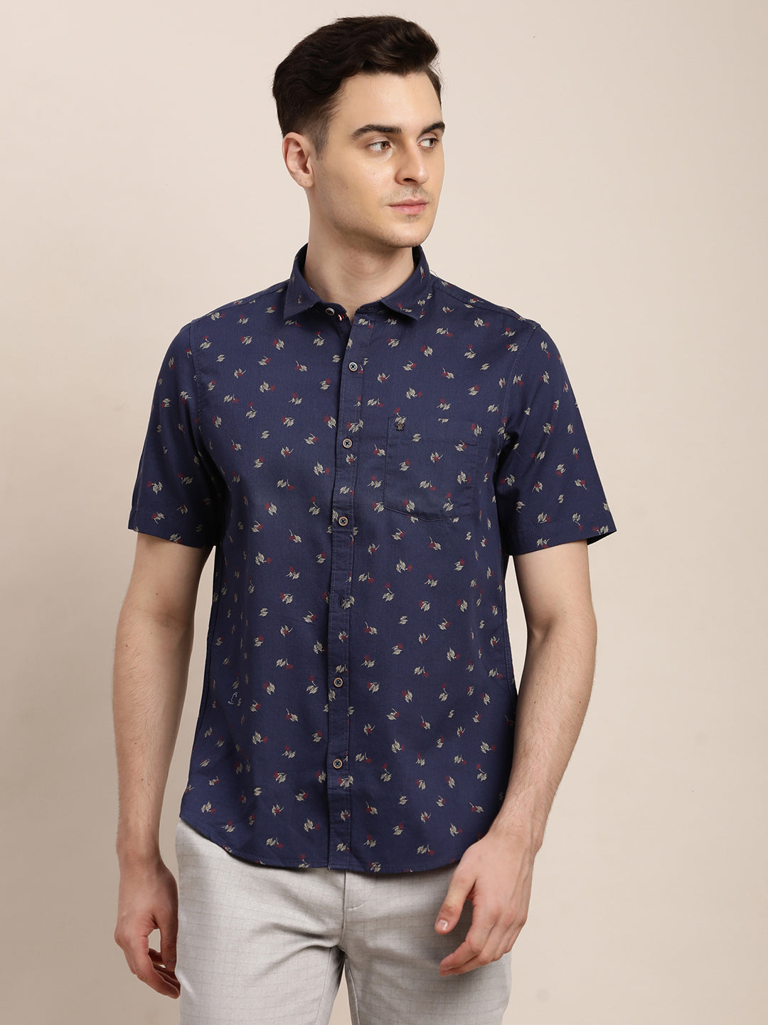 100% Cotton Blue Printed Slim Fit Half Sleeve Casual Shirt