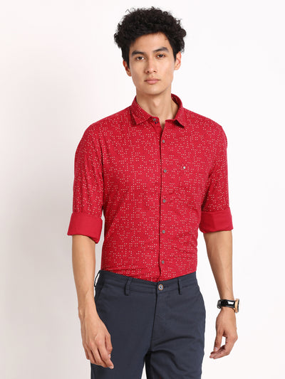 100% Cotton Red Printed Slim Fit Full Sleeve Casual Shirt