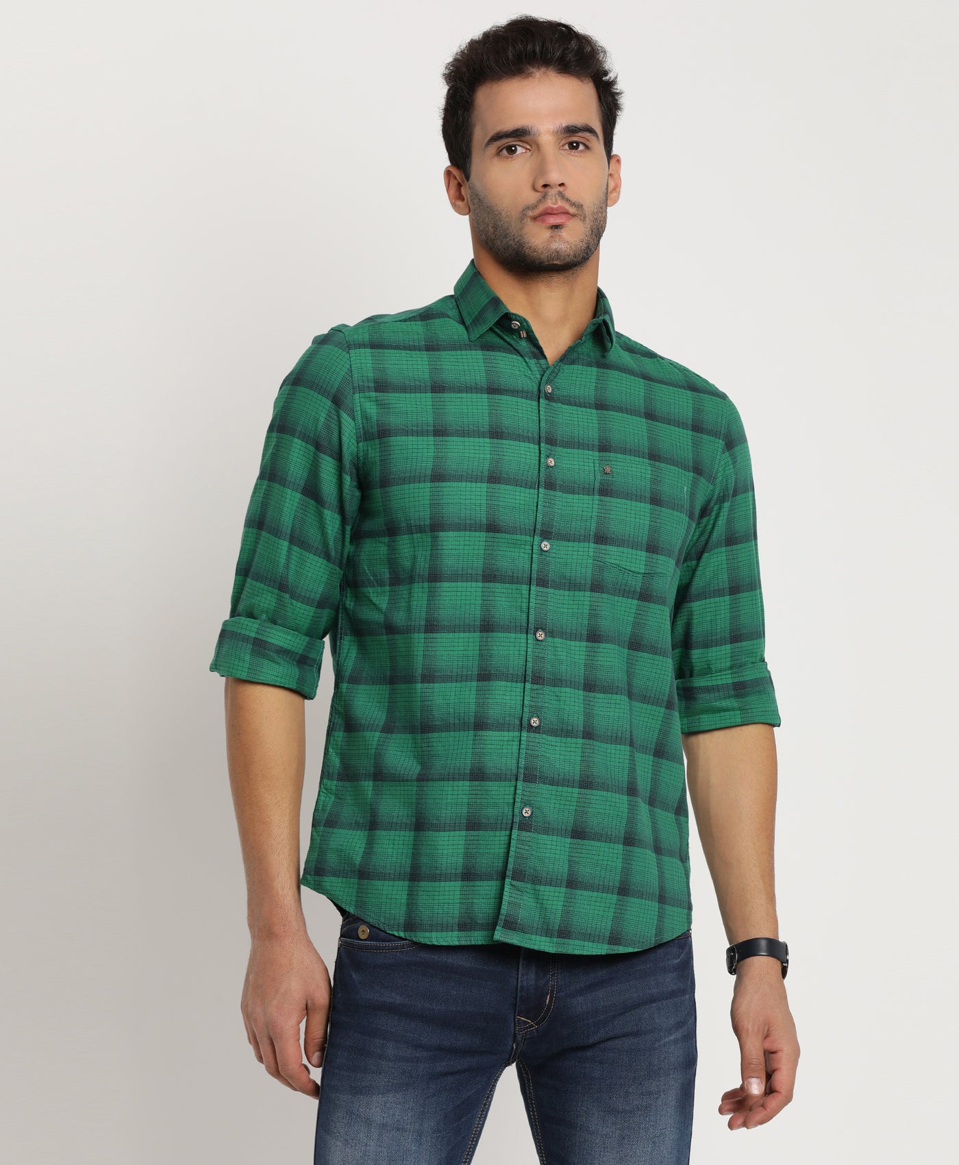 100% Cotton Green Checkered Slim Fit Full Sleeve Casual Shirt