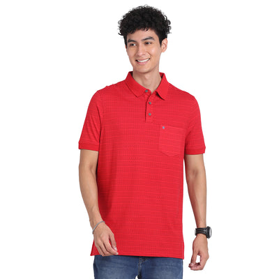 100% Cotton Red Dobby Polo Neck Half Sleeve Casual T-Shirt