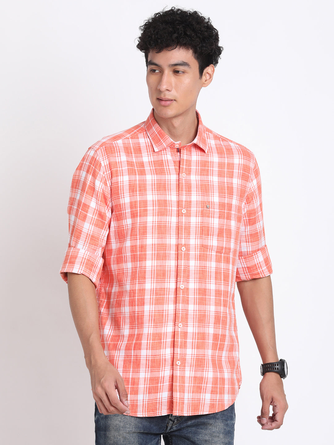 100% Cotton Orange Checkered Slim Fit Full Sleeve Casual Shirt