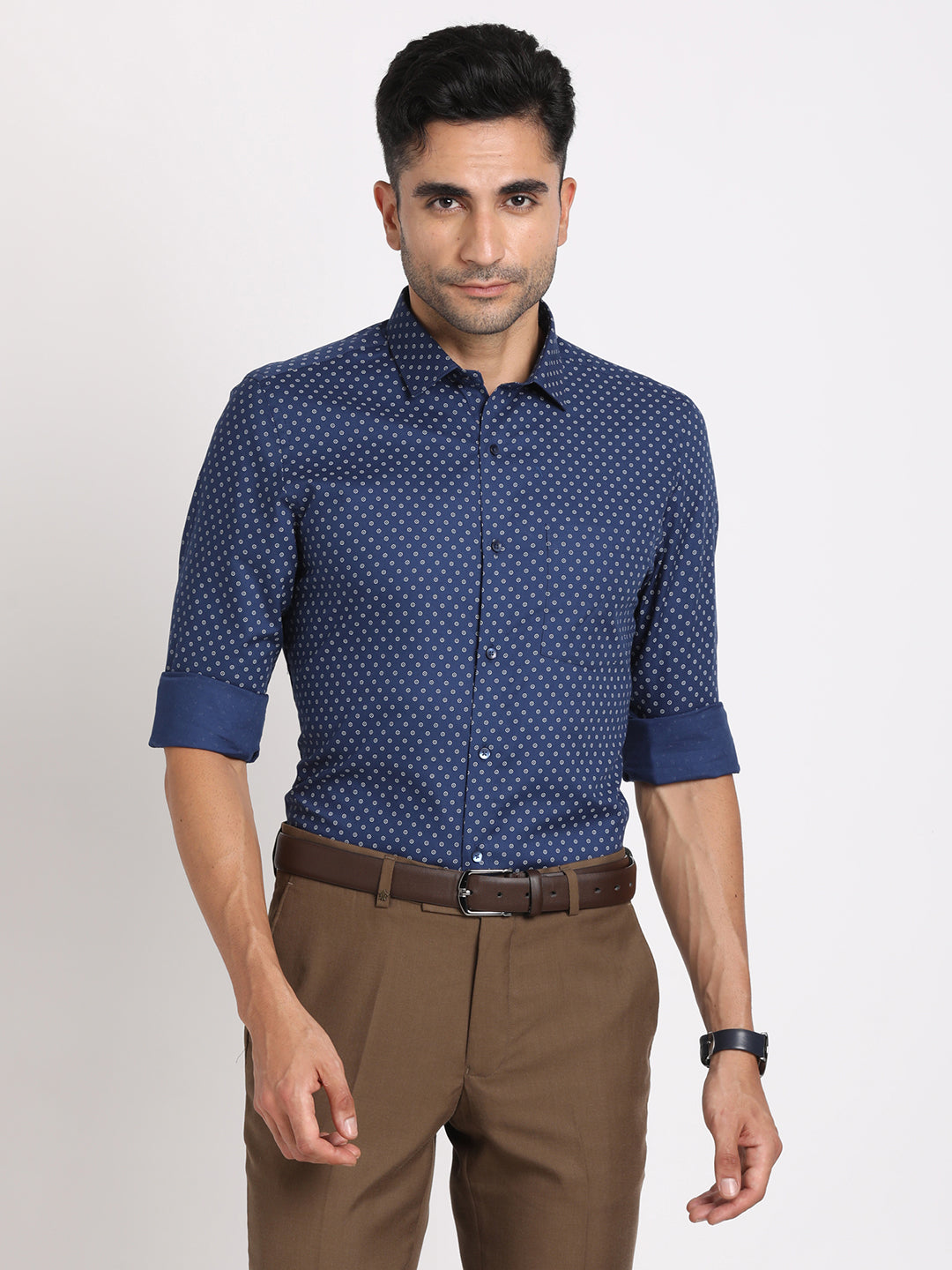 100% Cotton Blue Printed Slim Fit Full Sleeve Formal Shirt