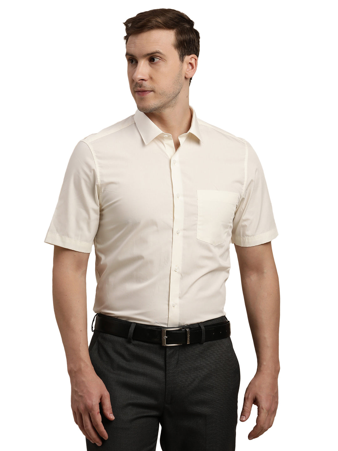 100% Cotton Cream Plain Slim Fit Half Sleeve Formal Shirt