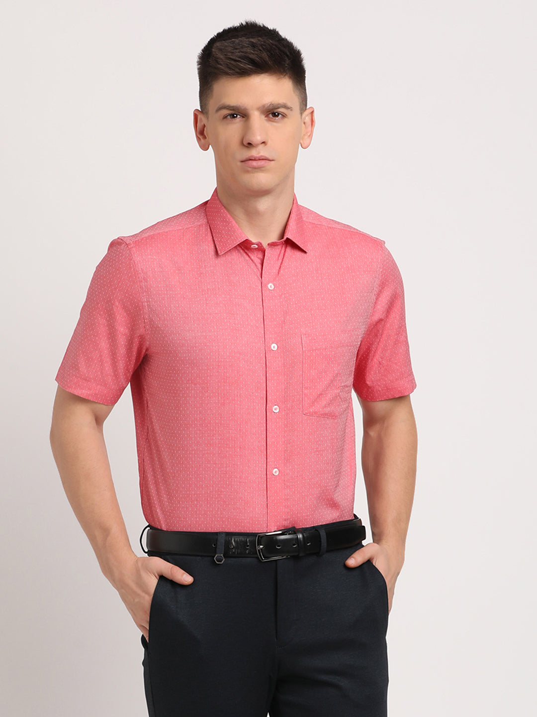 100% Cotton Peach Pink Dobby Regular Fit Half Sleeve Formal Shirt