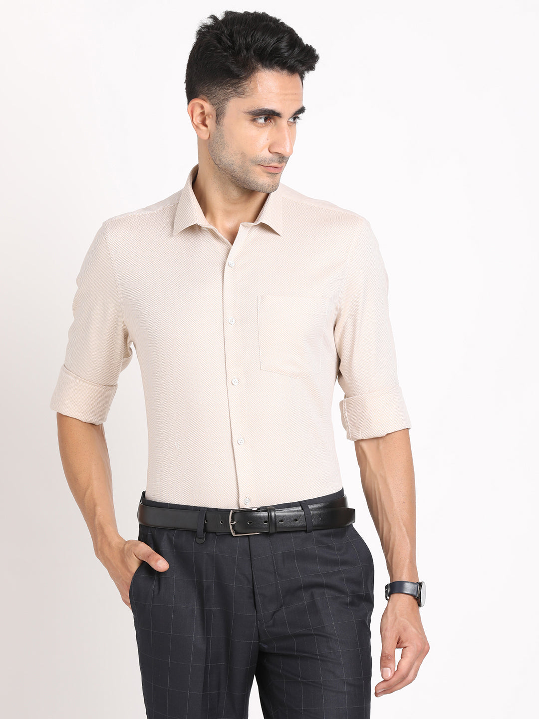 100% Cotton Beige Dobby Slim Fit Full Sleeve Formal Shirt