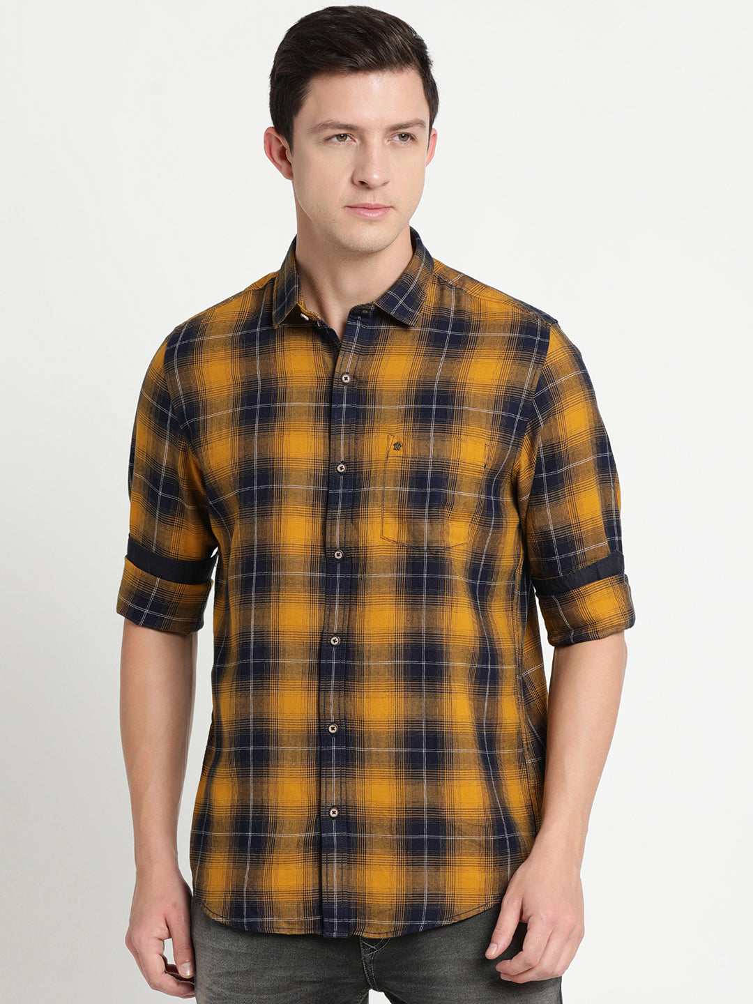 100% Cotton Yellow Checkered Slim Fit Full Sleeve Casual Shirt