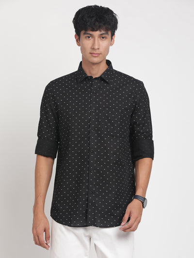 Cotton Linen Black Printed Slim Fit Full Sleeve Formal Shirt