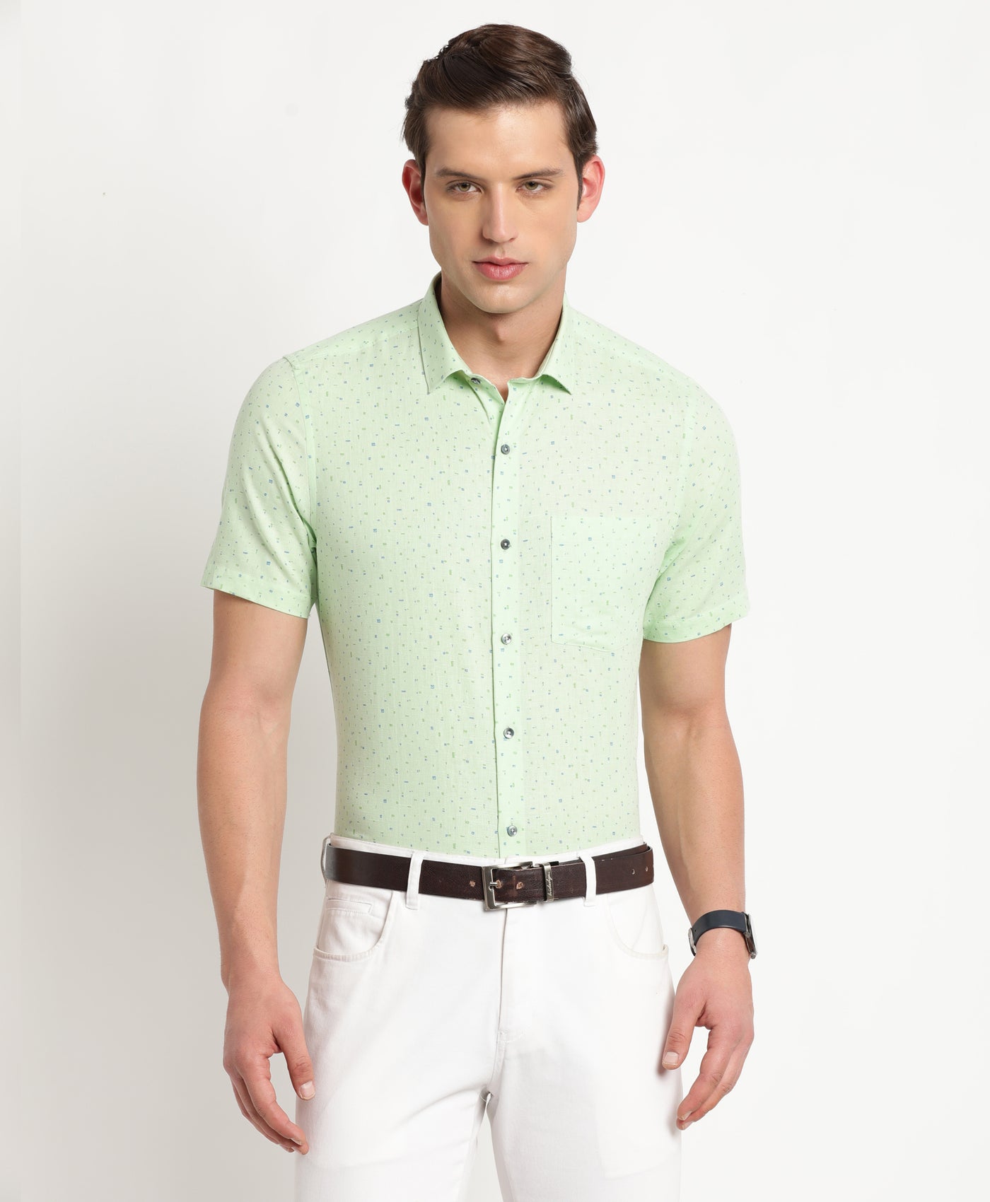Cotton Linen Green Printed Regular Fit Half Sleeve Formal Shirt