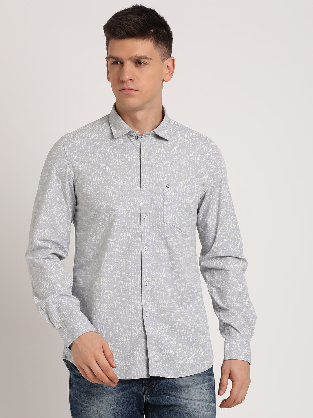 100% Cotton Grey Printed Slim Fit Full Sleeve Casual Shirt