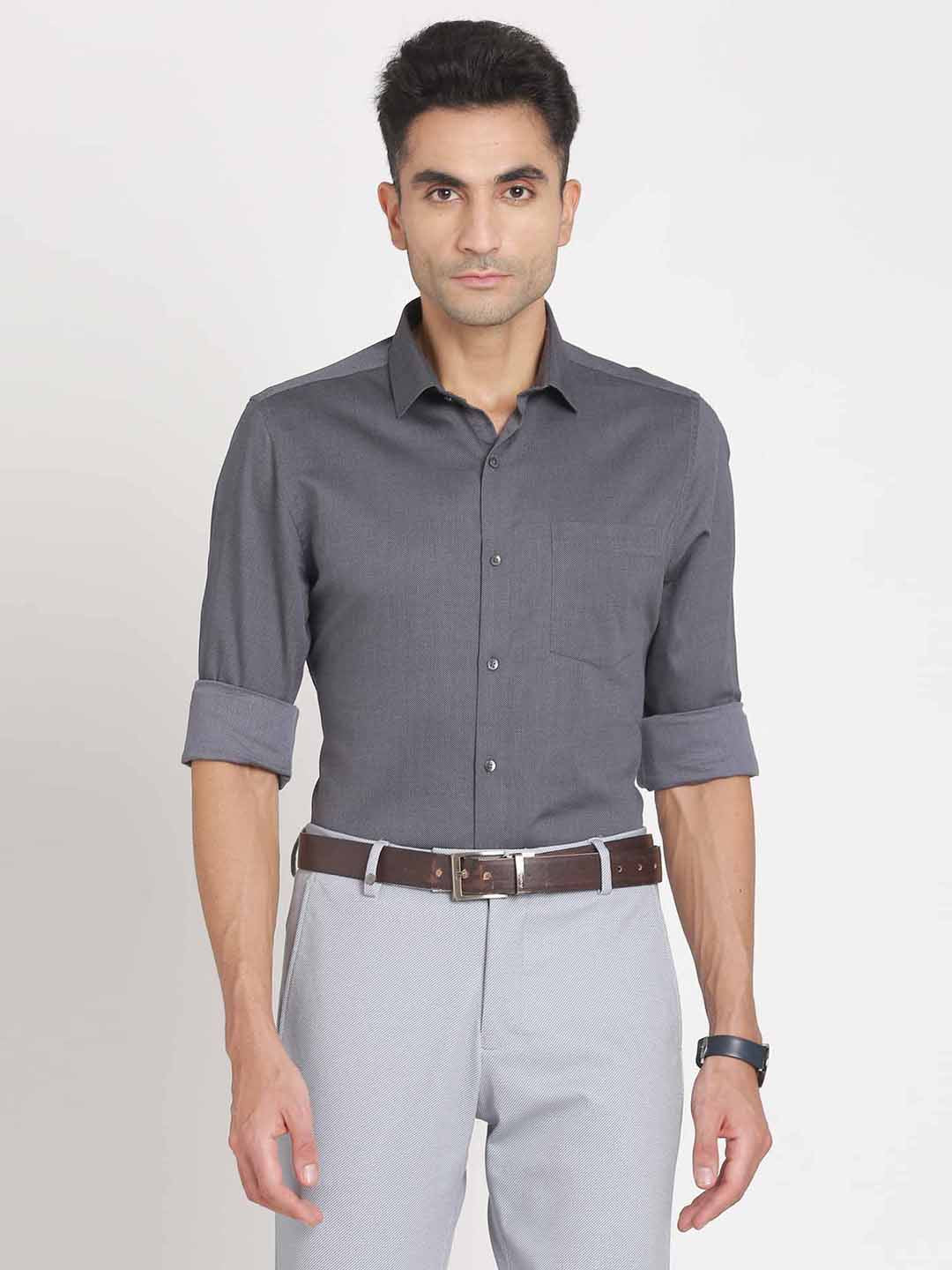 100% Cotton Grey Dobby Slim Fit Full Sleeve Formal Shirt