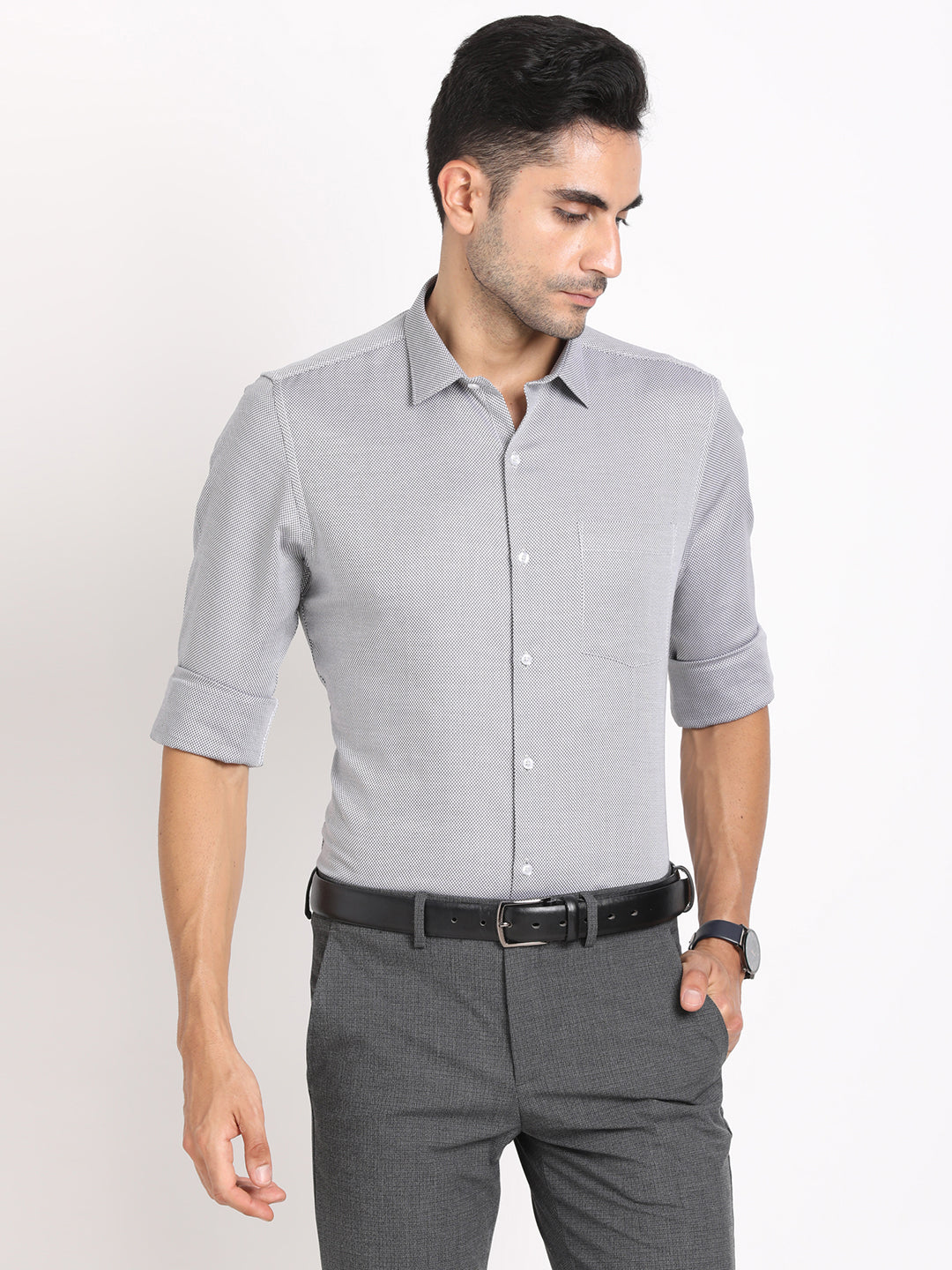 100% Cotton Grey Dobby Slim Fit Full Sleeve Formal Shirt