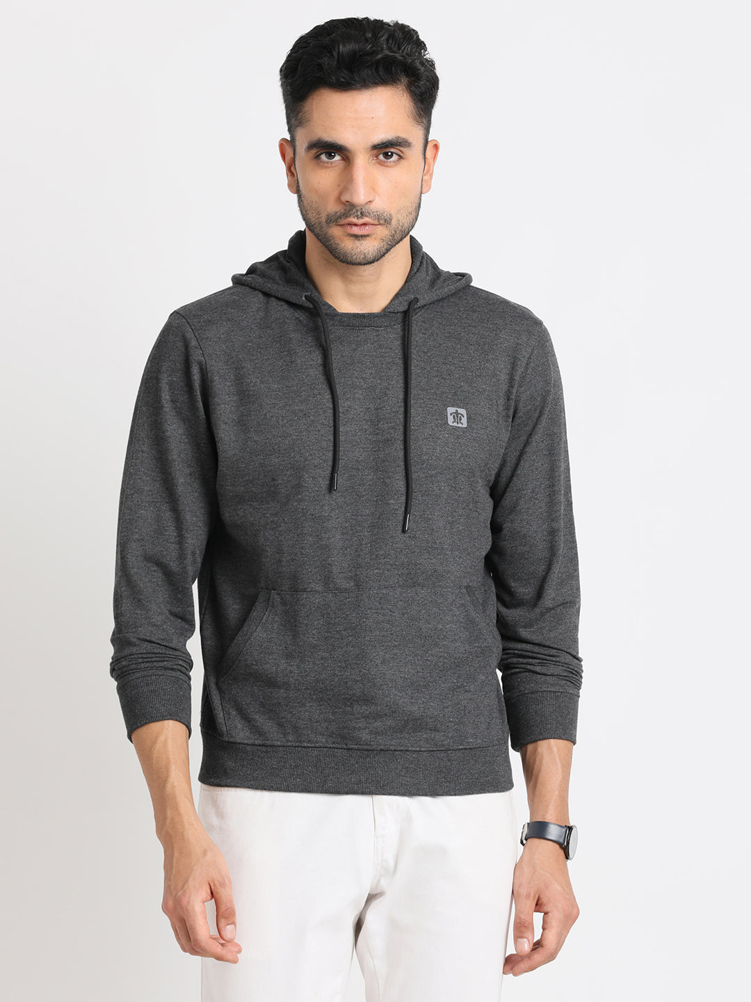Poly Cotton Charcoal Plain Regular Fit Full Sleeve Casual Hooded Sweatshirt