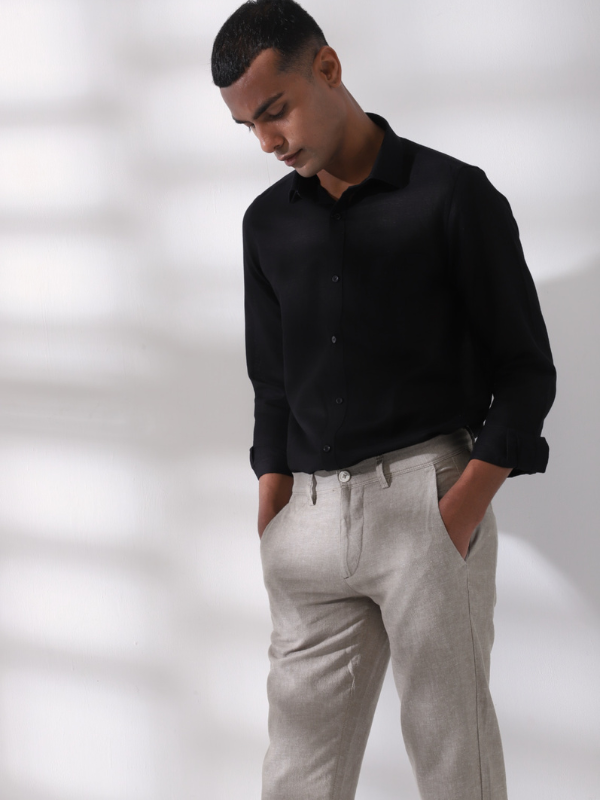 Cotton Linen Black Plain Full Sleeve Formal Shirt