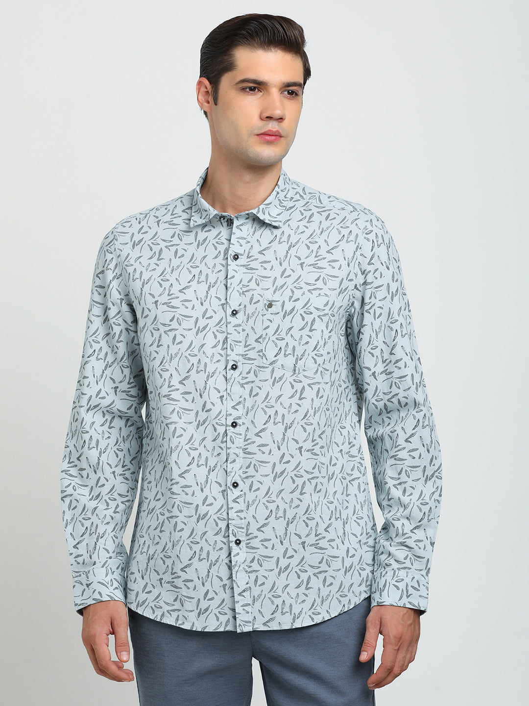 Cotton Linen Sky Blue Printed Slim Fit Full Sleeve Casual Shirt