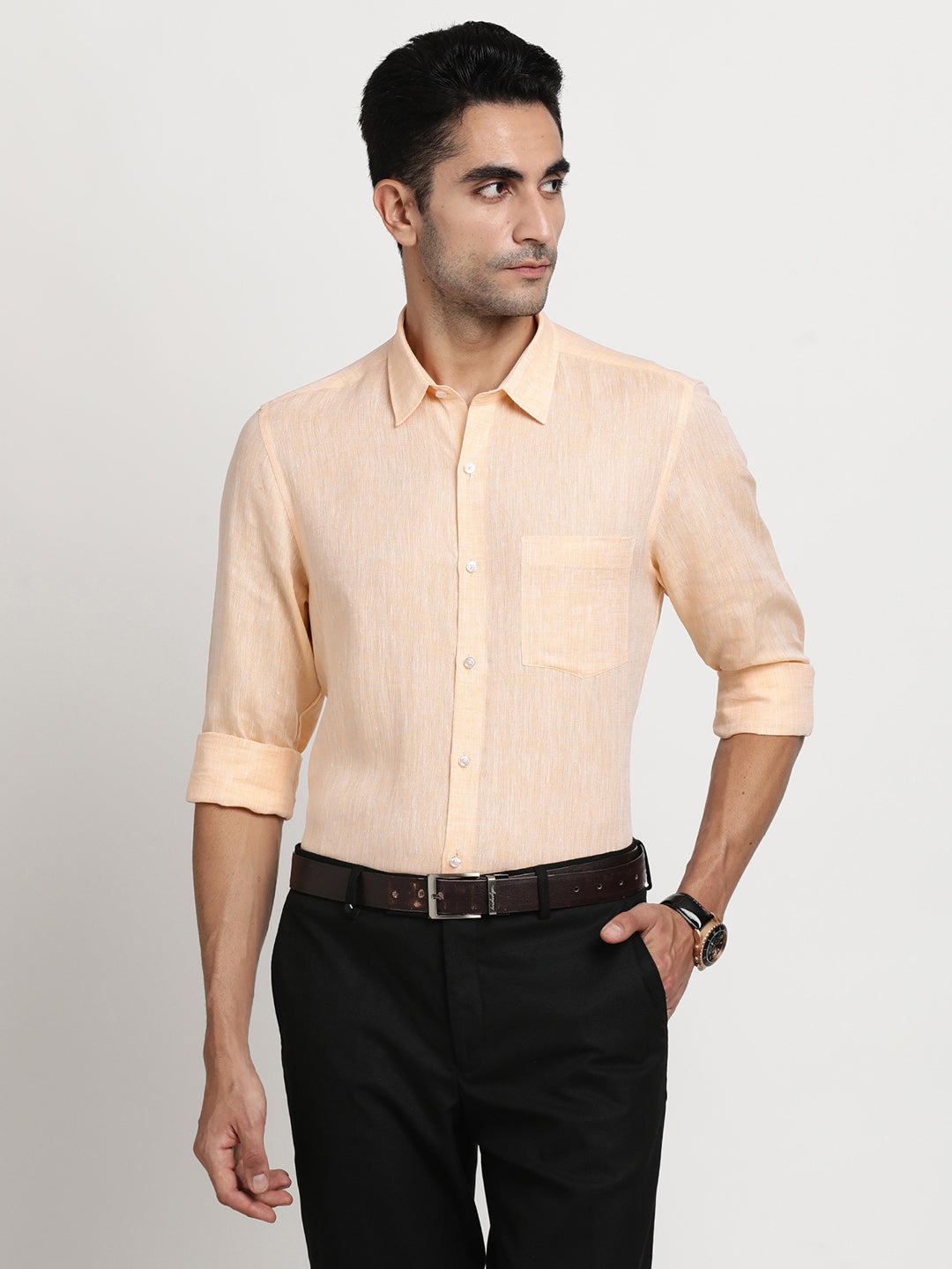 Pure Linen Peach Plain Slim Fit Full Sleeve Formal Shirt