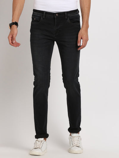 Cotton Stretch Black Plain Straight Fit Flat Front Casual Jeans