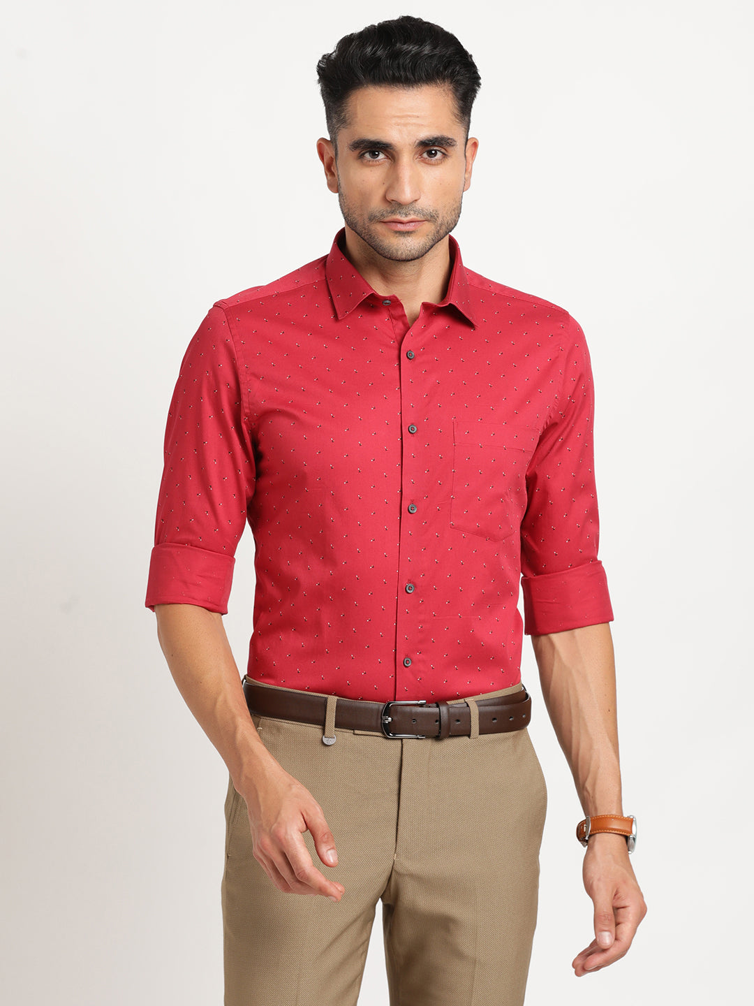 100% Cotton Red Printed Slim Fit Full Sleeve Formal Shirt