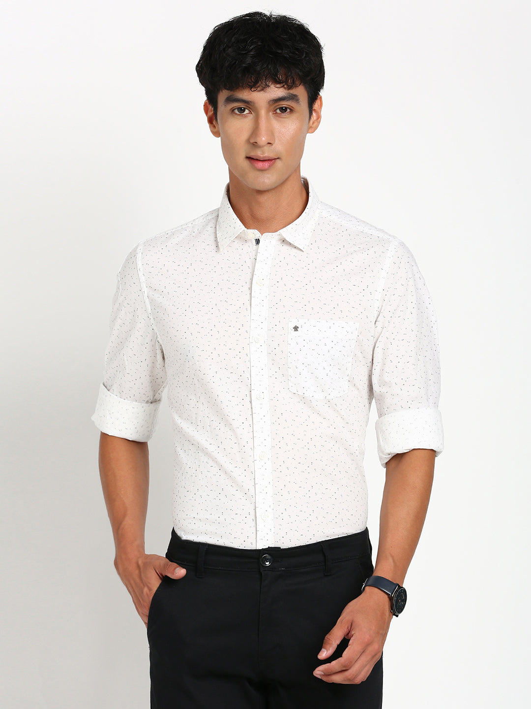 100% Cotton White Printed Slim Fit Full Sleeve Casual Shirt