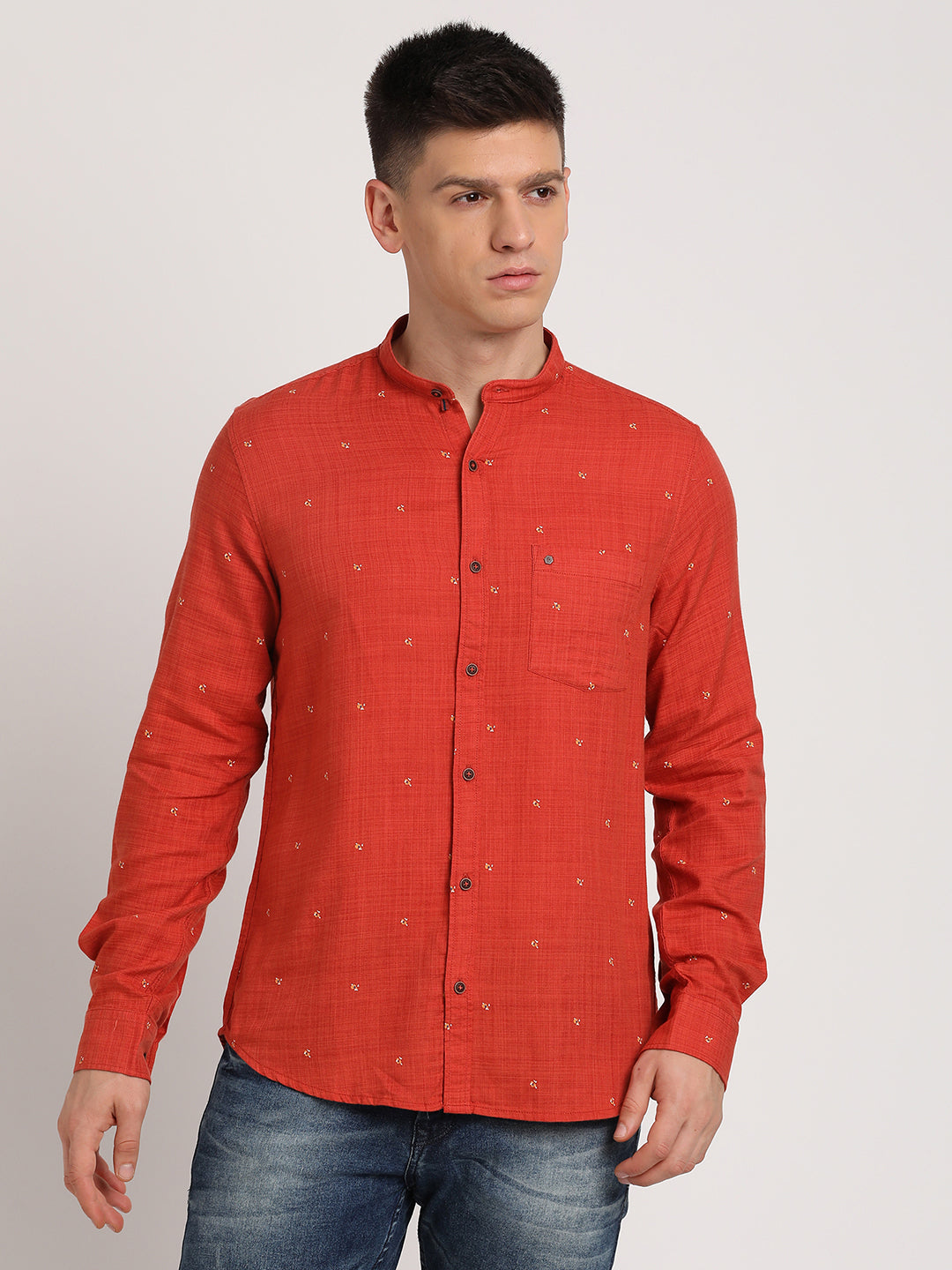 Cotton Lyocell Orange Printed Slim Fit Mandarin Collar Casual Shirt