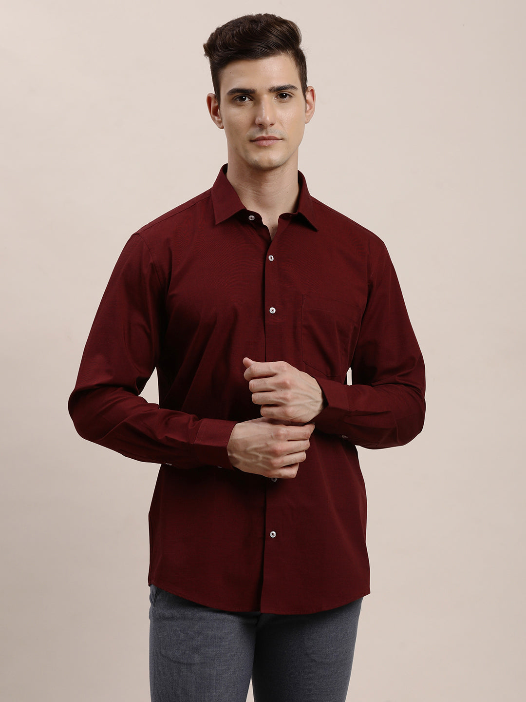 100% Cotton Maroon Plain Slim Fit Full Sleeve Formal Shirt