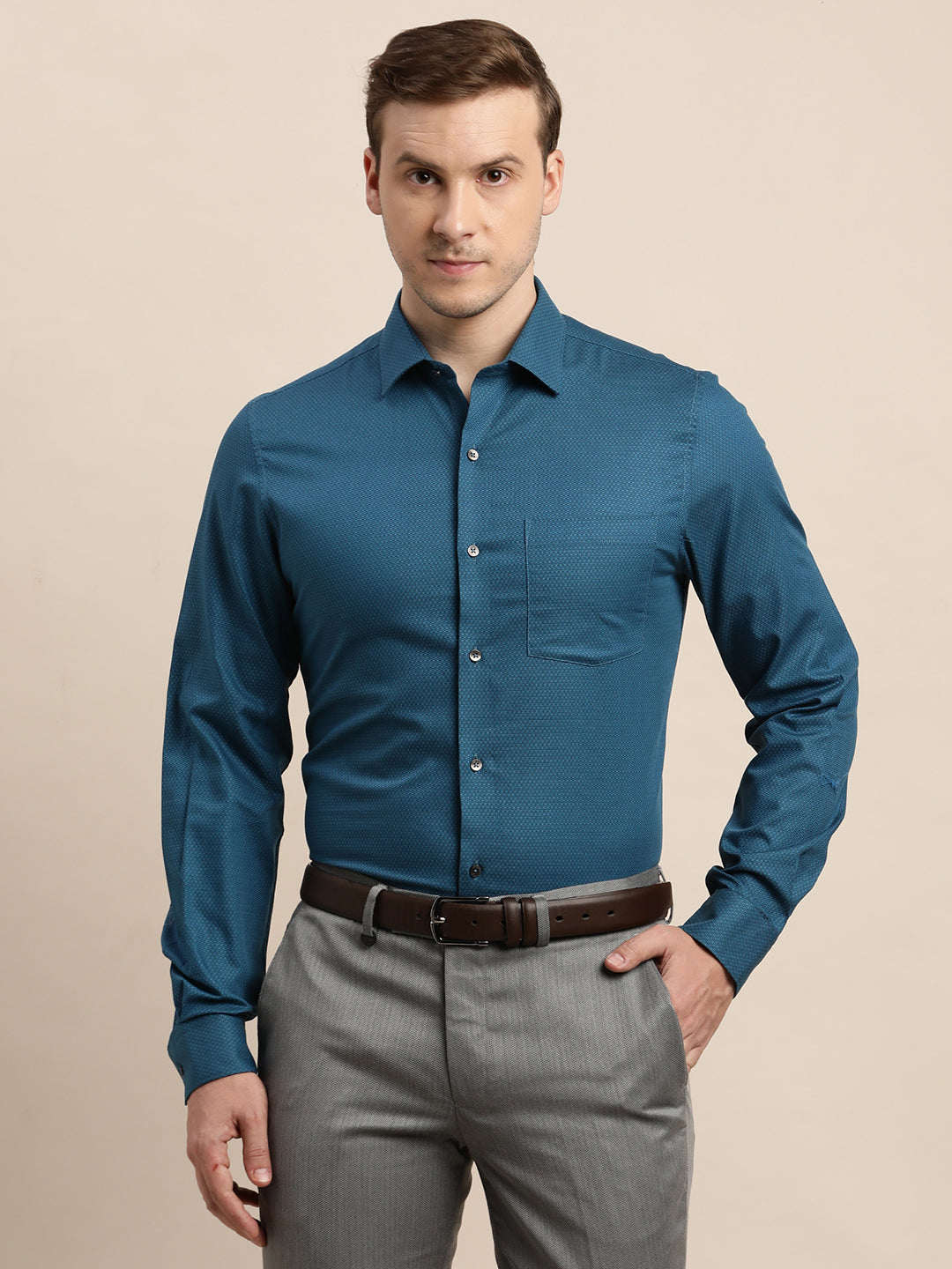 100% Cotton Green Dobby Slim Fit Full Sleeve Formal Shirt