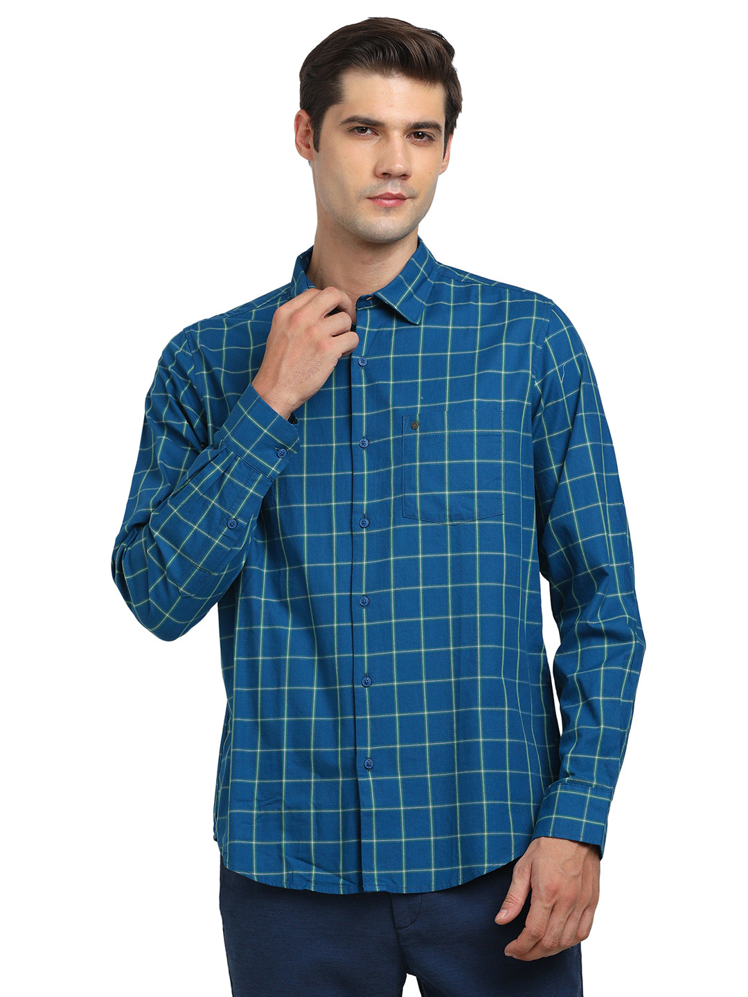 100% Cotton Teal Blue Checkered Slim Fit Full Sleeve Casual Shirt