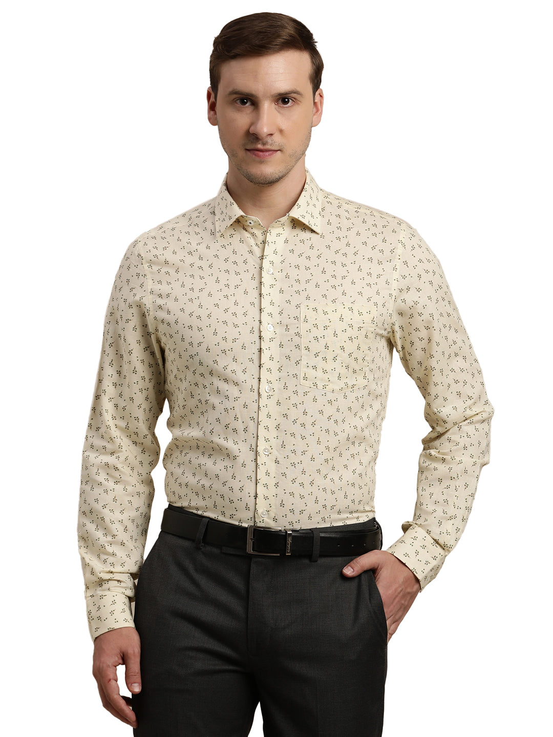 Cotton Linen Cream Printed Slim Fit Full Sleeve Formal Shirt