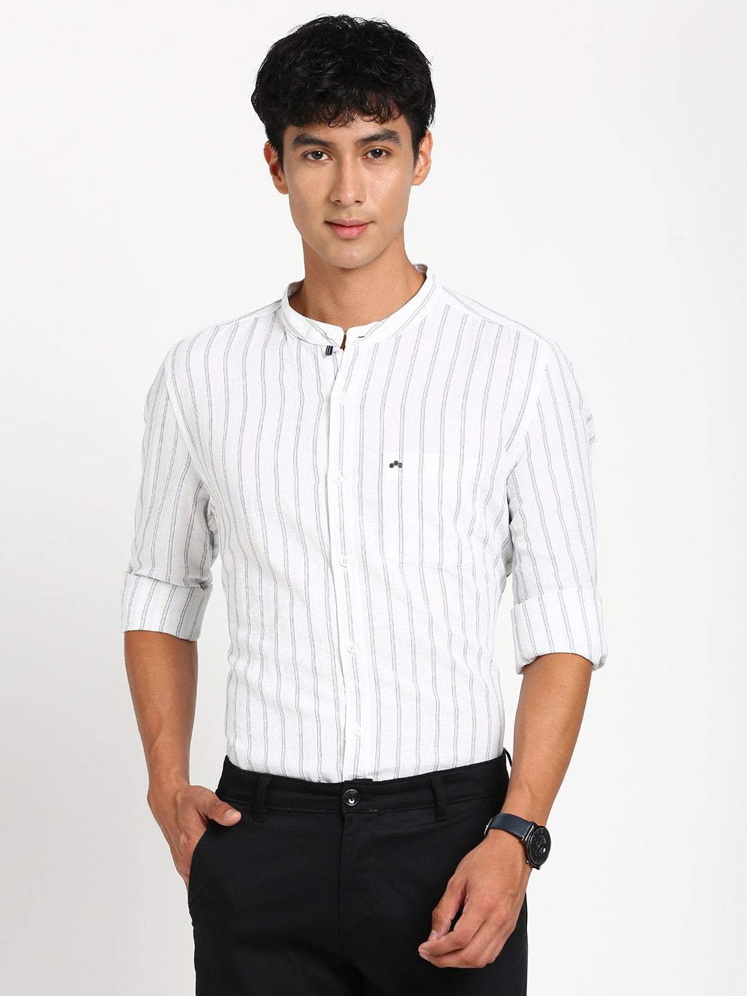 Cotton Linen White Striped Slim Fit Full Sleeve Casual Shirt