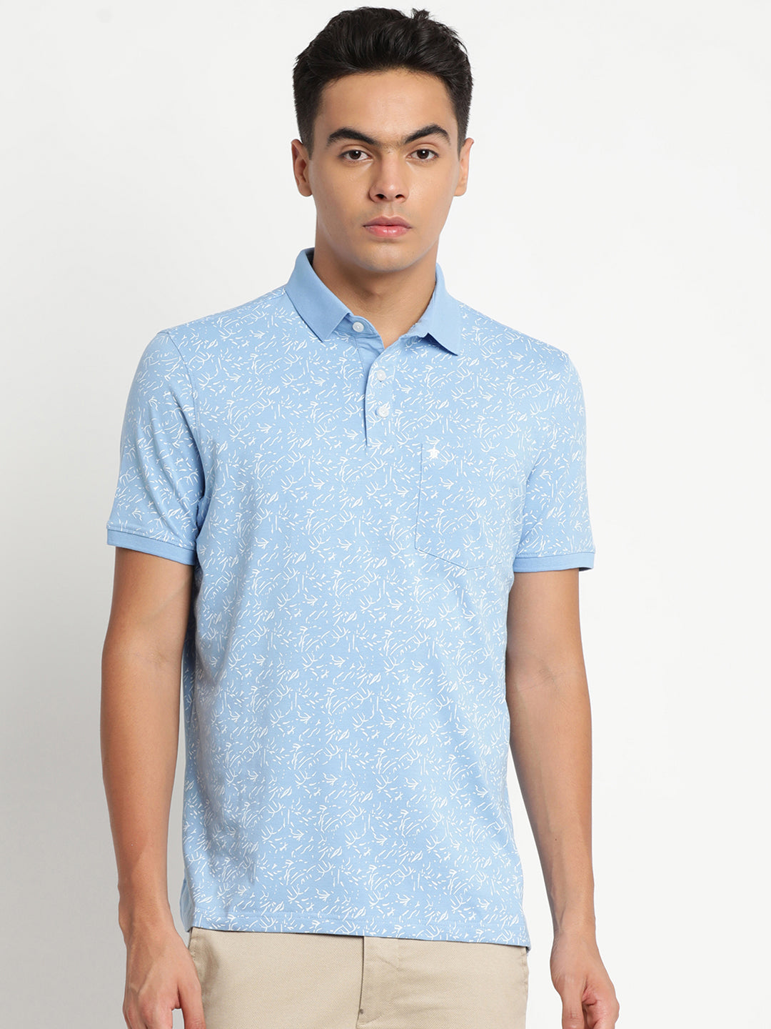 Cotton Sky Blue Printed Polo Neck T-Shirts