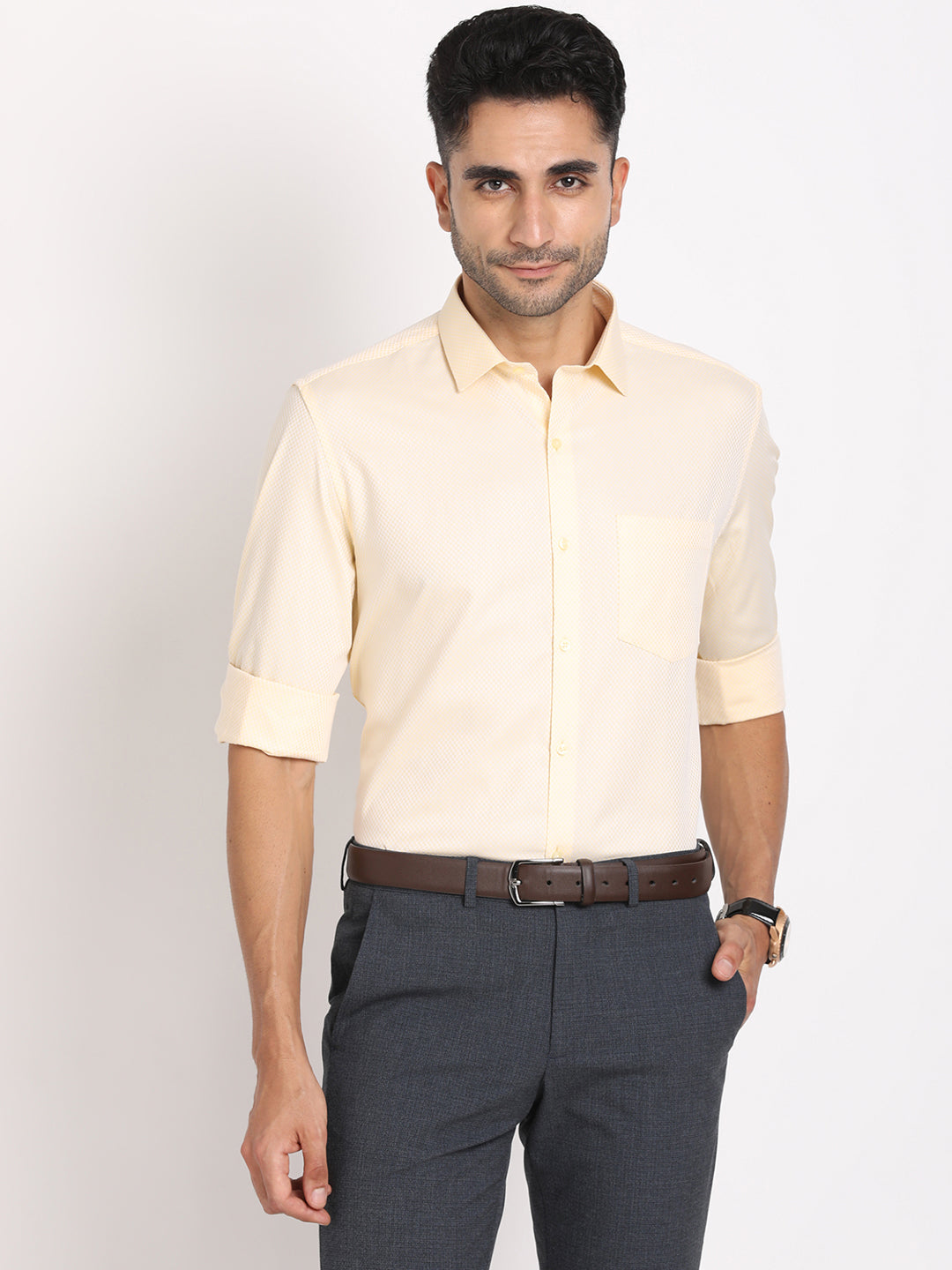 100% Cotton Beige Dobby Regular Fit Full Sleeve Formal Shirt