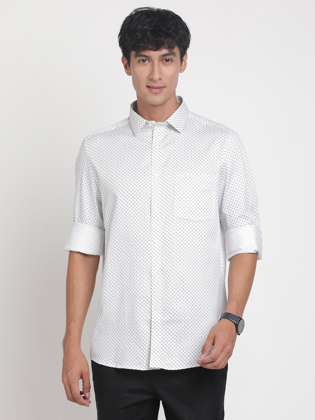 100% Cotton Off White Printed Slim Fit Full Sleeve Formal Shirt