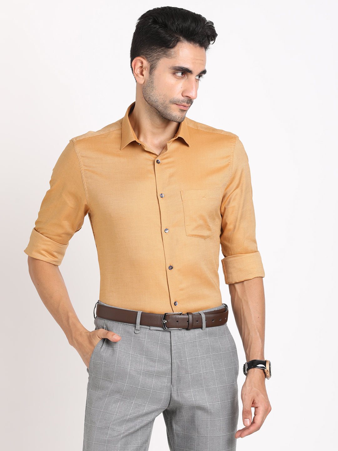 100% Cotton Mustard Dobby Slim Fit Full Sleeve Formal Shirt