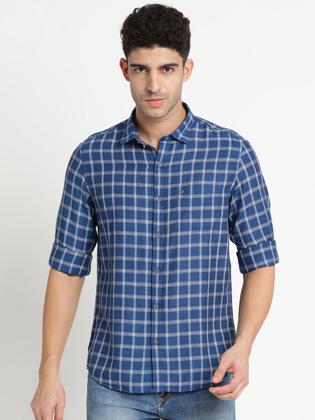 Cotton Linen Blue Checkered Slim Fit Full Sleeve Casual Shirt