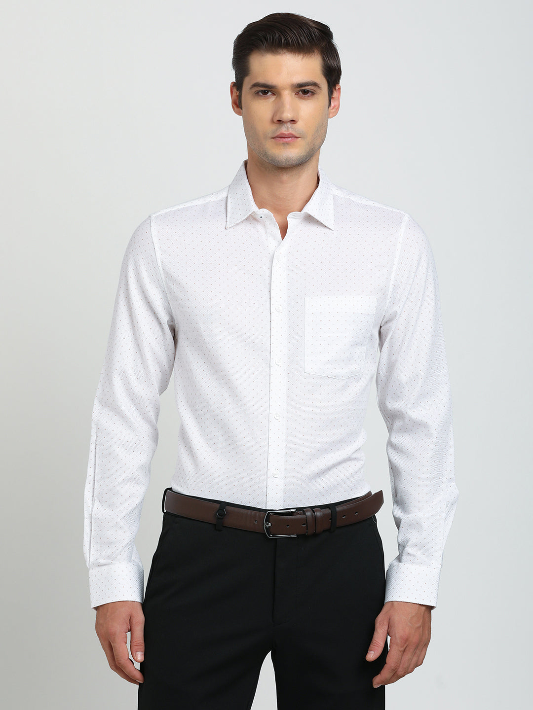 100% Cotton Cream Printed Slim Fit Full Sleeve Formal Shirt