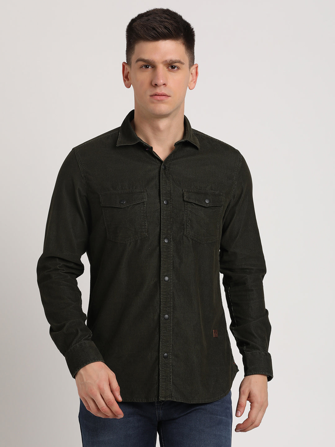 100% Cotton Dark Green Plain Slim Fit Full Sleeve Casual Shirt