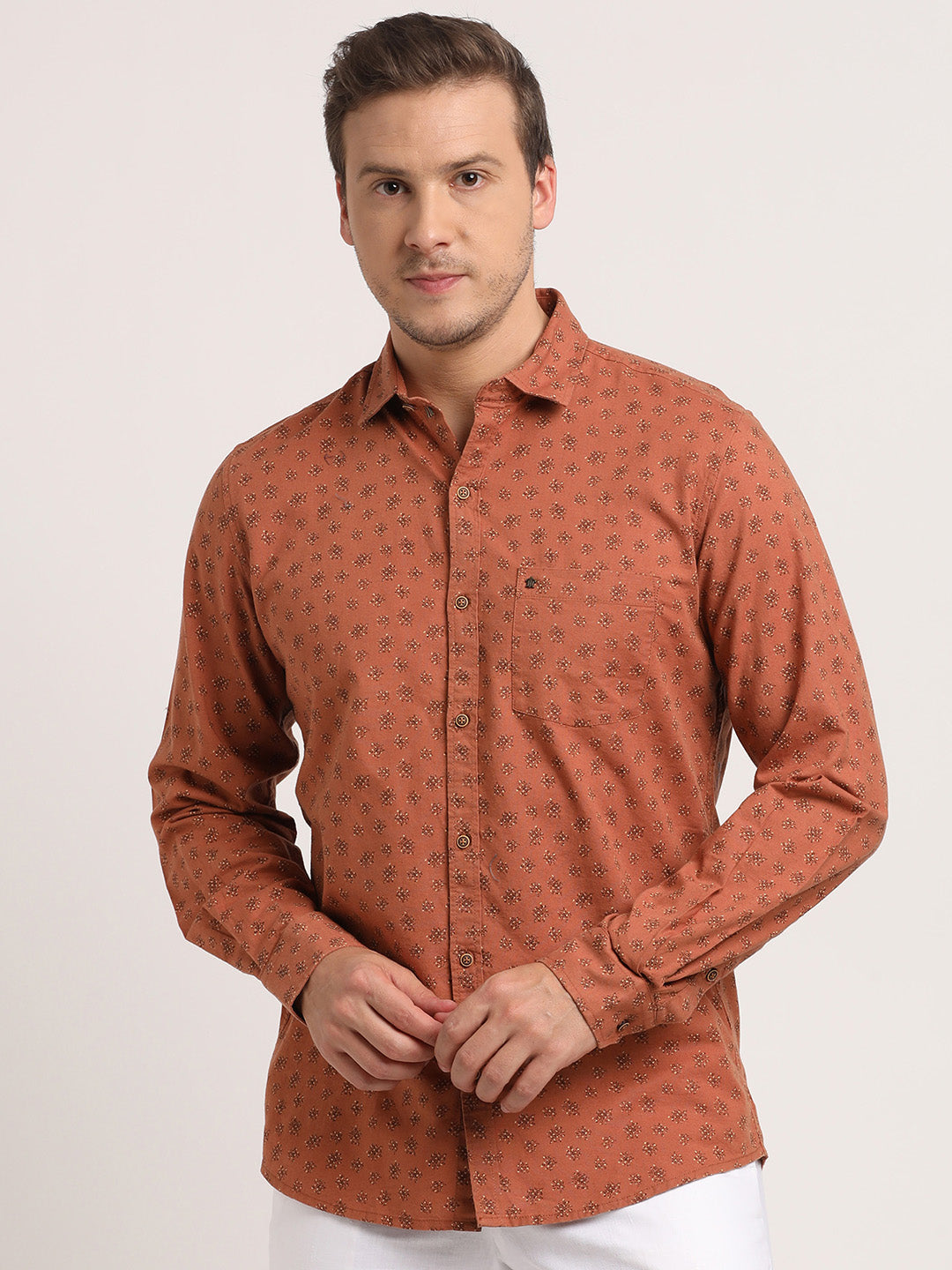 Cotton Linen Orange Printed Slim Fit Full Sleeve Casual Shirt