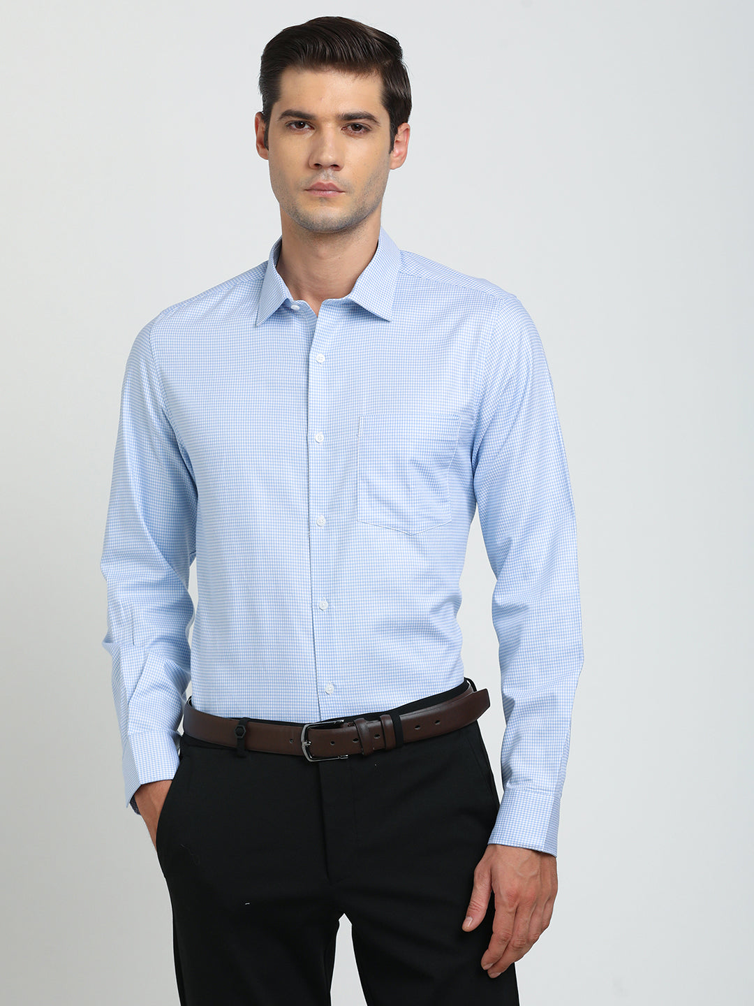 100% Cotton Sky Blue Checkered Slim Fit Full Sleeve Formal Shirt