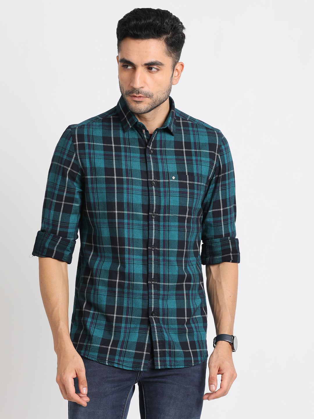 Cord Dark Blue Checkered Slim Fit Full Sleeve Casual Shirt