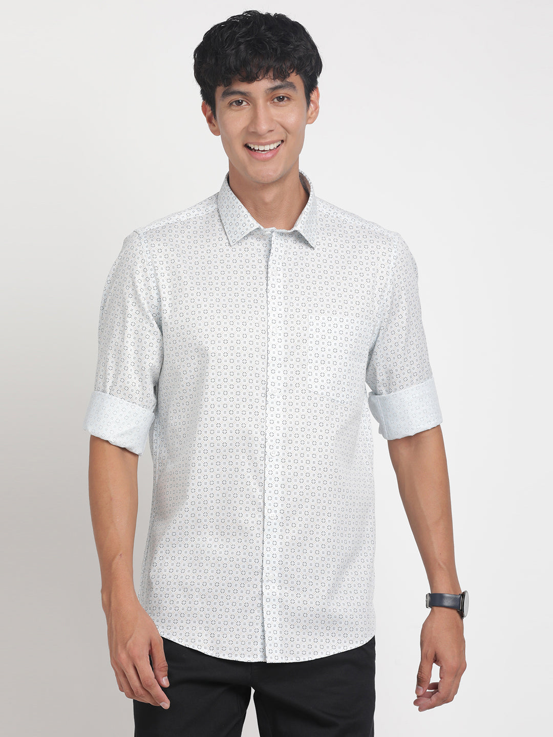 100% Cotton White Printed Slim Fit Full Sleeve Formal Shirt