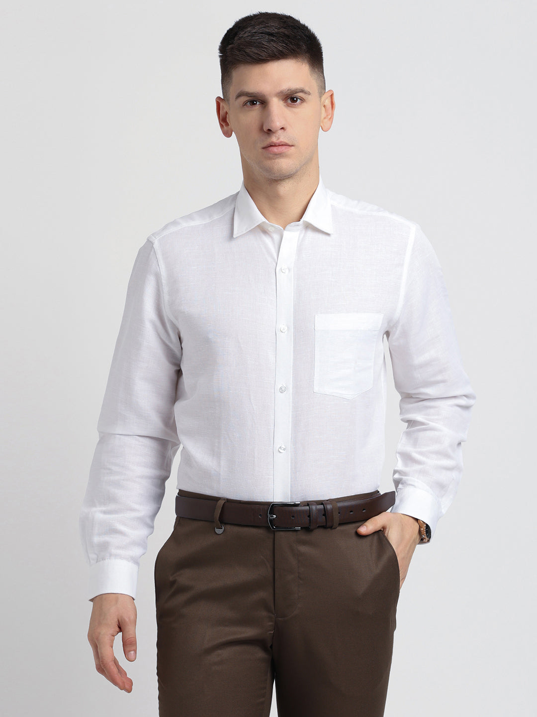 Cotton Linen White Plain Regular Fit Full Sleeve Formal Shirt