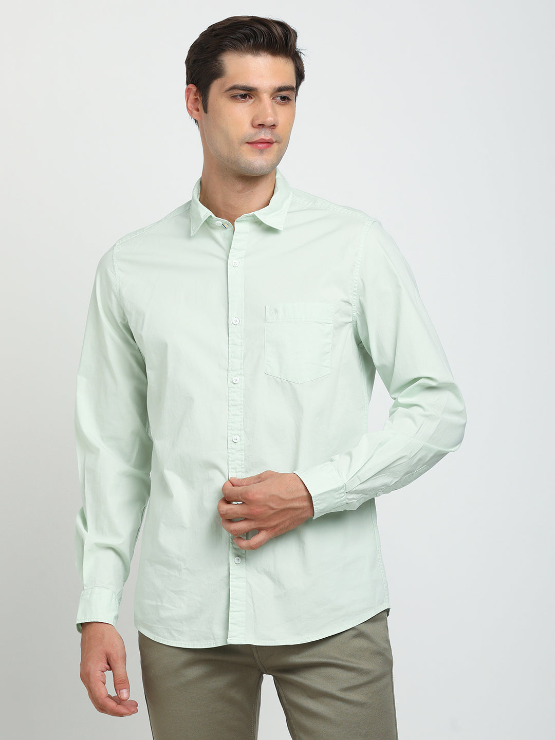 Cotton Stretch Pista Green Plain Slim Fit Full Sleeve Casual Shirt