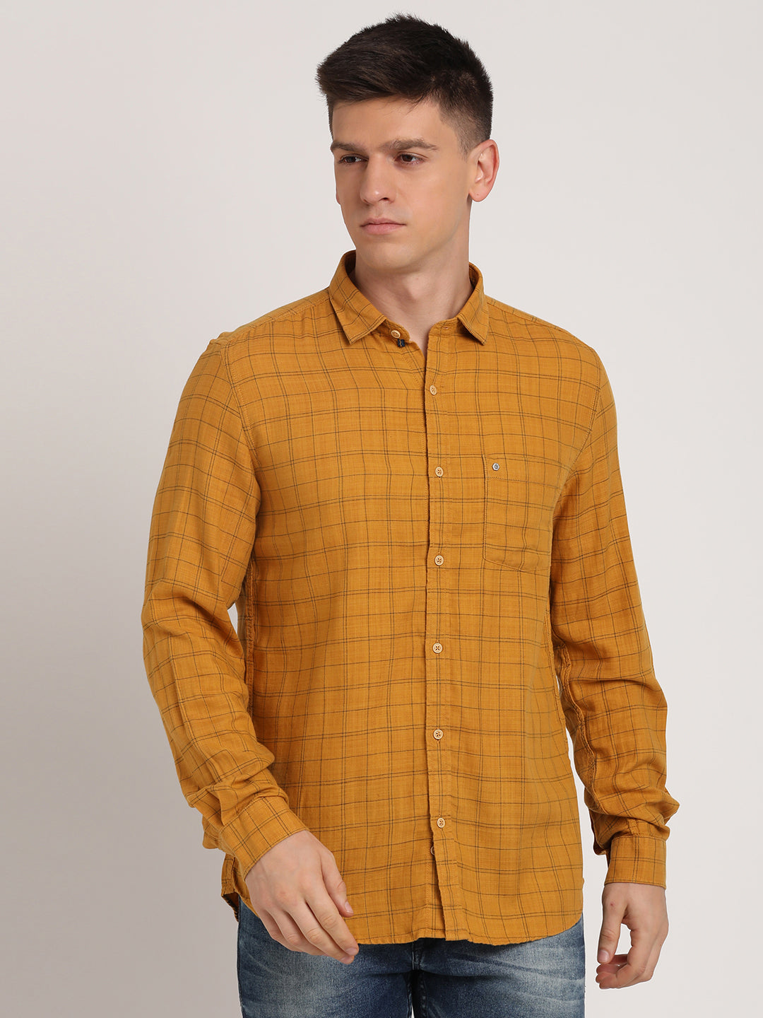 Cotton Lyocell Mustard Checkered Slim Fit Full Sleeve Casual Shirt