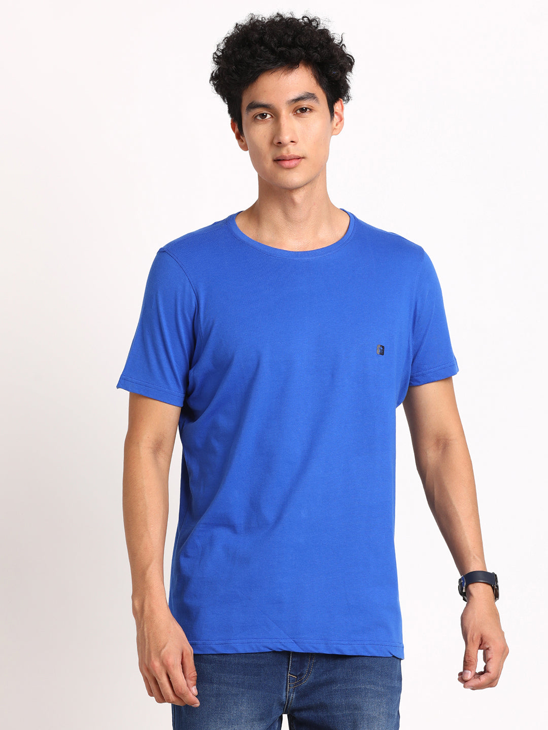 Essential 100% Cotton Blue Solid Round Neck Half Sleeve Casual T-Shirt