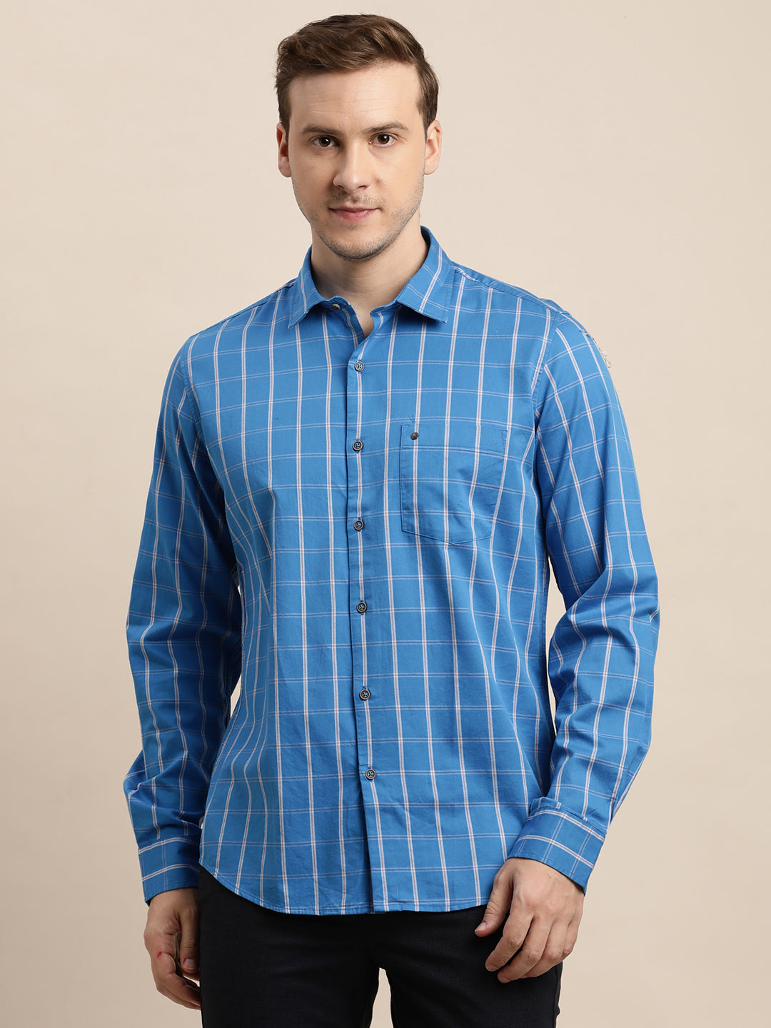 100% Cotton Blue Checkered Slim Fit Full Sleeve Casual Shirt