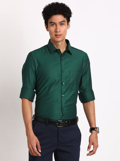 100% Cotton Dark Green Dobby Slim Fit Full Sleeve Formal Shirt