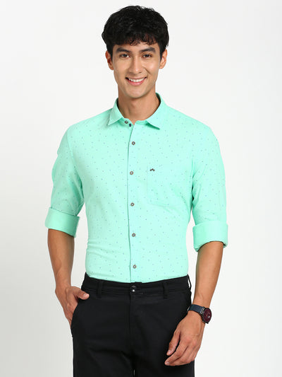 Cotton Tencel Sea Green Printed Slim Fit Full Sleeve Casual Shirt